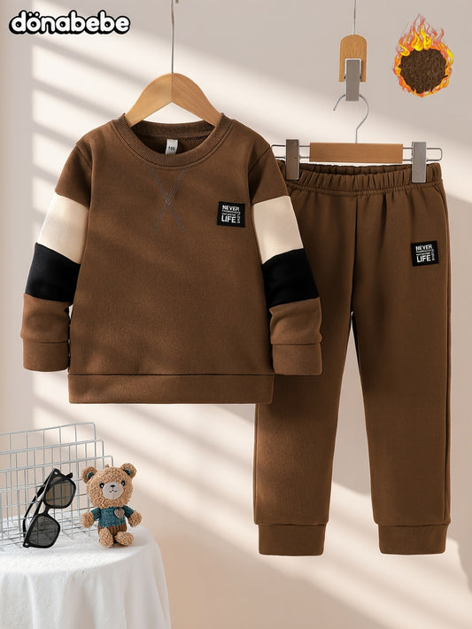 Աշնանային ձմեռային նոր, հաստ, կլոր վզով սվիտեր, երկար թևքերով, 3 գույնանի, պատչվորք, խաչաձև նախշերով, տառերով պատչ, տաք, հարմարավետ, առօրյա, բազմակողմանի սպորտային տաբատ, 2 հատանոց հավաքածու, DONABEBE, բացօթյա օգտագործման համար