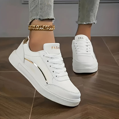 Women'S Chic White Sneakers - Stylish Low-Top Lace-Up Casual Shoes with Golden Accents, Lightweight All-Season Footwear, Waterproof, Non-Slip, Round Toe Design for Everyday, Sports, and Office Wear, Everyday Sneakers | Chic W