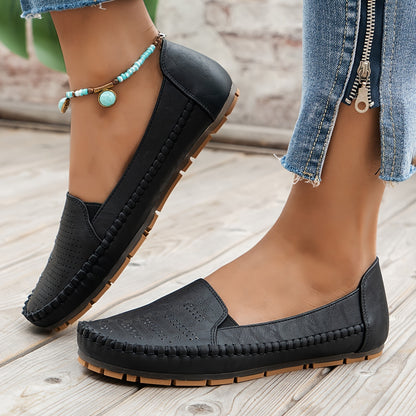 Women's Retro Perforated Flat Shoes, Comfy Breathable Round Toe Slip On Shoes, Casual Outdoor Loafers