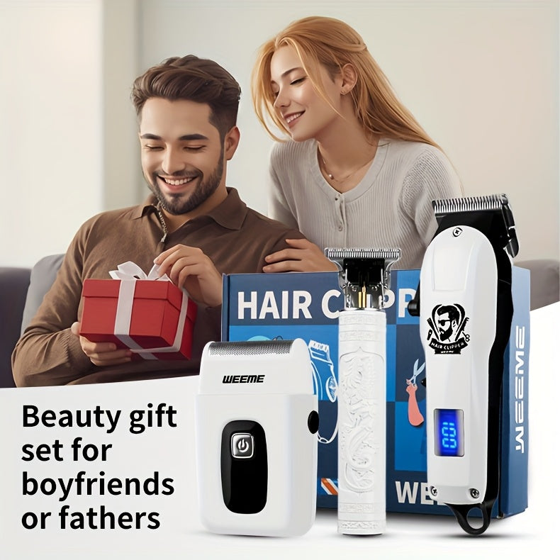 WEEME 3pcs/1Set Men'S Hair Clipper, USB Rechargeable Electric Hair Clipper & Shaver Set with Digital Display, Cordless Hair Trimmer for Home & Salon Use, Perfect Grooming Gift for Men with Smooth Blade, USB Charging, Lithium