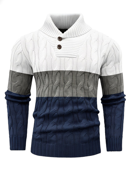 Men's Business Style Color-Block Sweater, Fashionable Trendy Spliced Large Lapel Pullover, Versatile Button-Design Sweatshirt