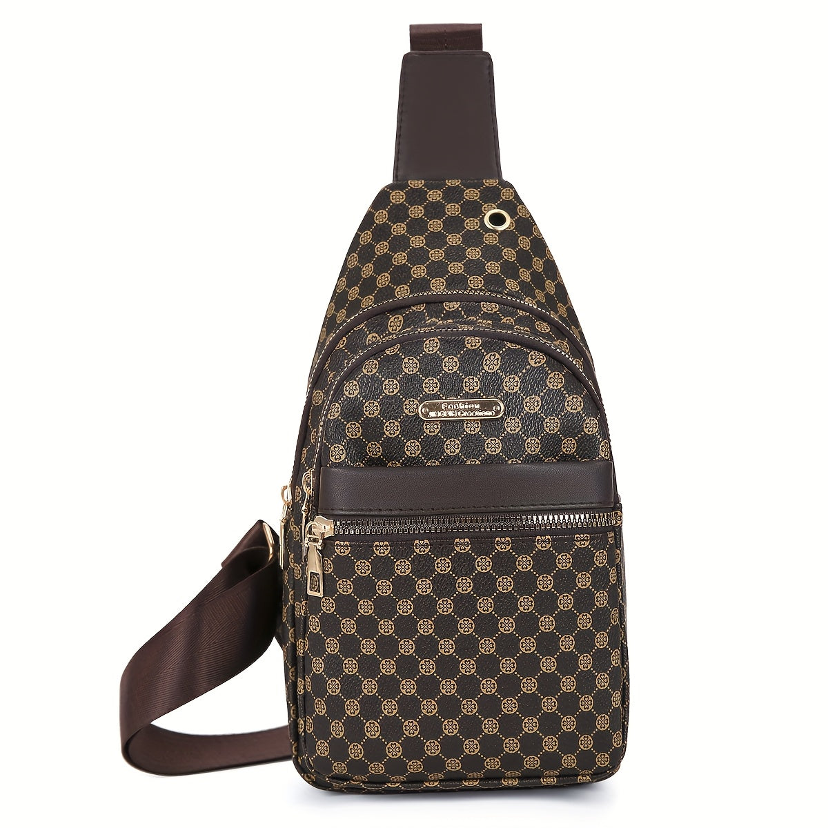 Men's Stylish Geometric Print Sling Bag - Black & White Crossbody Chest Pack with Golden-Tone Zippers, Compact Travel & Everyday Commute Backpack, Modern Accessory | Textured Finish, Crossbody Bag