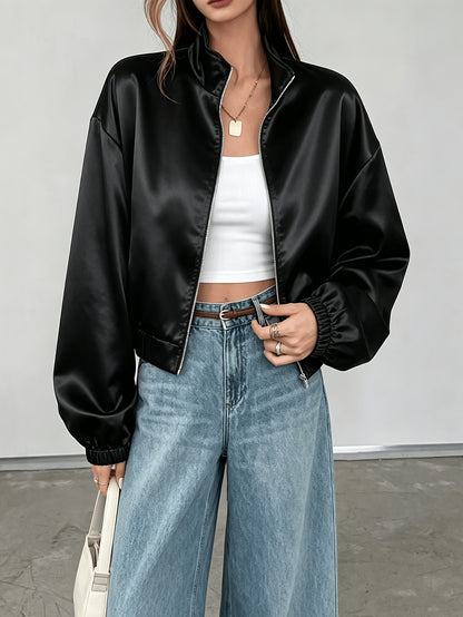 Women's Lightweight Satin Zipper Jacket with Mandarin Collar