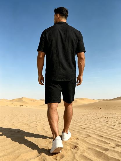 Men's Linen Short Sleeve Shirt & Solid Shorts Set for Summer