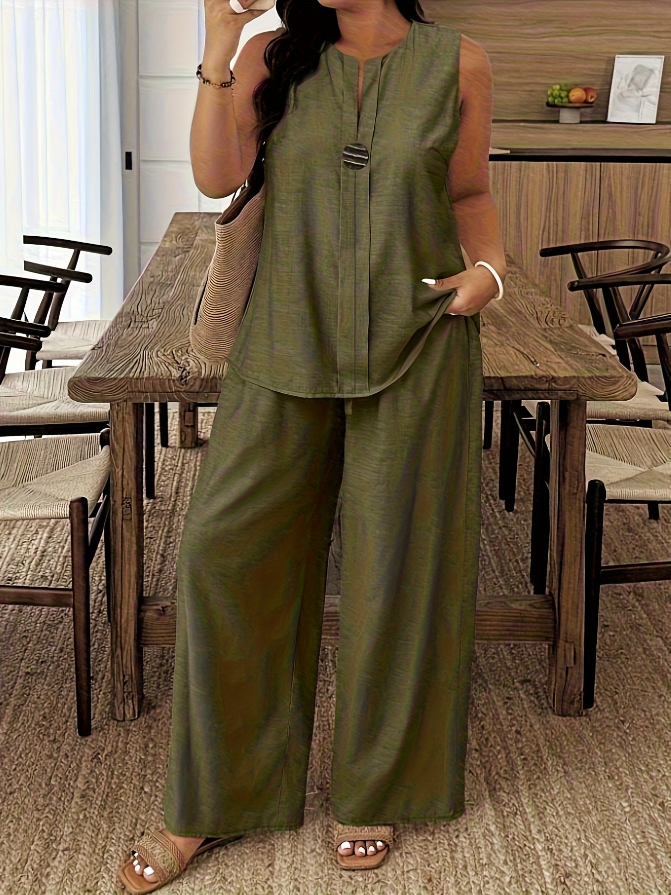 Sleeveless Loose Fit Top & Straight Leg Pants Two-Piece Set