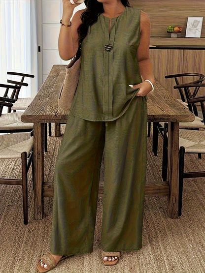 Sleeveless Loose Fit Top & Straight Leg Pants Two-Piece Set