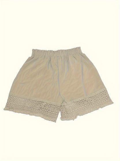 Solid Tassel Hem Loose Shorts, Vacation Paper Bag Waist Summer Shorts, Women's Clothing