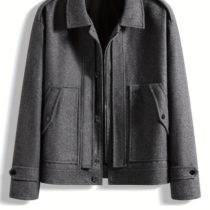 Men's Stylish Autumn/Winter Warm Polyester Casual Jacket with Lapel Collar, Zipper Closure, and Pockets - 100% Polyester Solid Color Loose Fit Coat