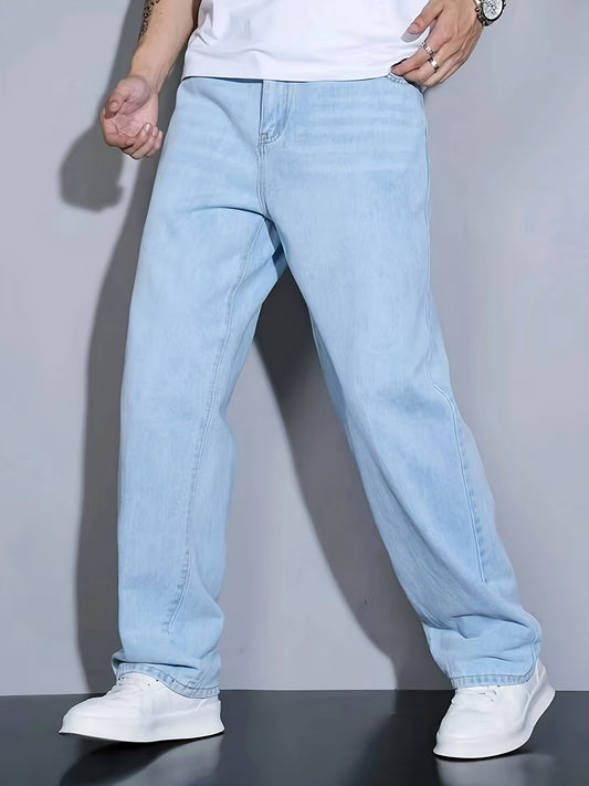 Men's Slim Fit Blue Jeans - All-Season, Non-Stretch Denim, Mid-Rise, Zip Closure, Casual Streetwear Style, Machine Washable, Yearround Wear|Sleek Jeans|Glossy Finish