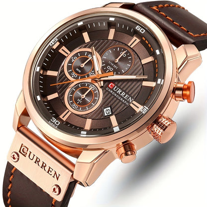 Men's Sports Watch With Multiple Functions, PU Leather Strap, And Automatic Date Display
