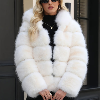 Women's Elegant White faux fur coat - Luxury Winter Outerwear with Single-Button Closure, Machine Washable Cold-Weather Jacket for Evening Events, Parties & Everyday - Chic Winter Coat for Women (Solid Color, O-Line Silhouett