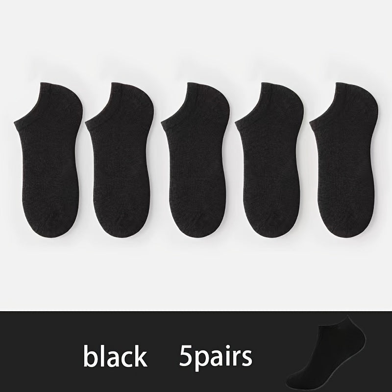 5 Pairs Of Men's Knitted Solid Color Low-cut Socks, Comfy & Breathable Elastic Socks, For Daily Wearing
