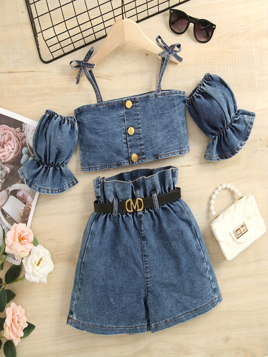 2 հատ Toddler Girls Puff Sleeves Cold Shoulder Button Crop Top &amp; Paperbag իրան շորտեր Ջինսե հավաքածու Մանկական ամառային հագուստ