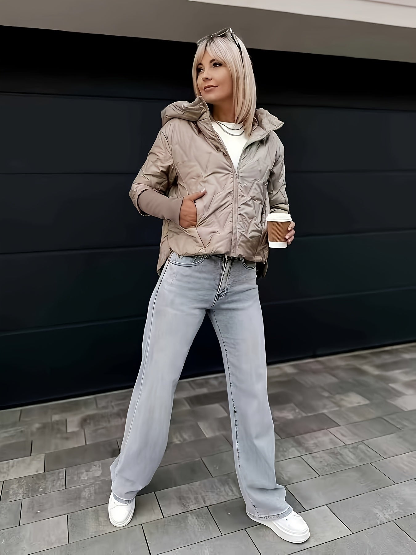 Women's Full-Zip Hooded Jacket - Beige Winter Coat with Full-Zip Front Closure, Machine Washable Long Sleeve Outerwear, Casual Warm Coat for Cold Weather, Windproof Blazer (No Belt/Hardware) - Versatile for Jeans & Dresses, J