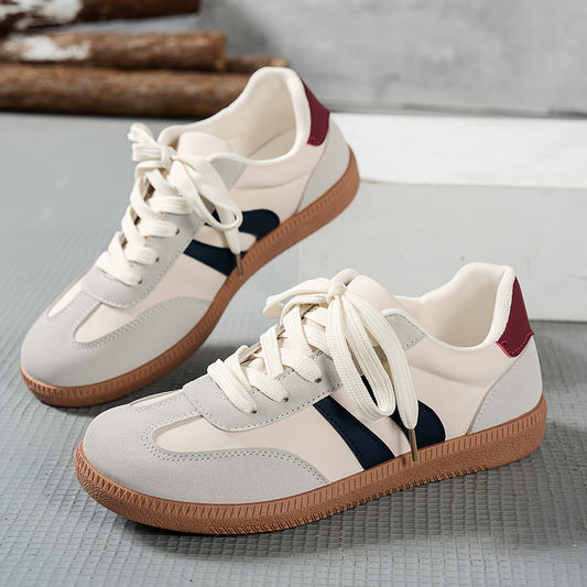 Women's Casual Low-Top Sneakers - Trendy Color Block Design, Light Gray with Navy Blue & Red Stripes, Comfortable Lace-Up Shoes for Casual Attire, Retro Style, Faux Cover Upper, PVC Sole, EVA Insole, Perfect for Spring and Fa