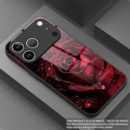 Tempered Glass Phone Case with Crimson Water Droplet Rose Design for i