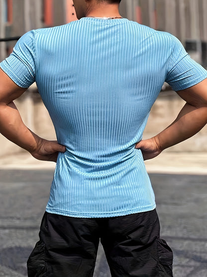 Men's Stretch Fit Short Sleeve T-Shirt - Breathable, Comfortable Polyester Blend, Solid Blue, Crew Neck, Casual  Sporty Style for Spring/Summer