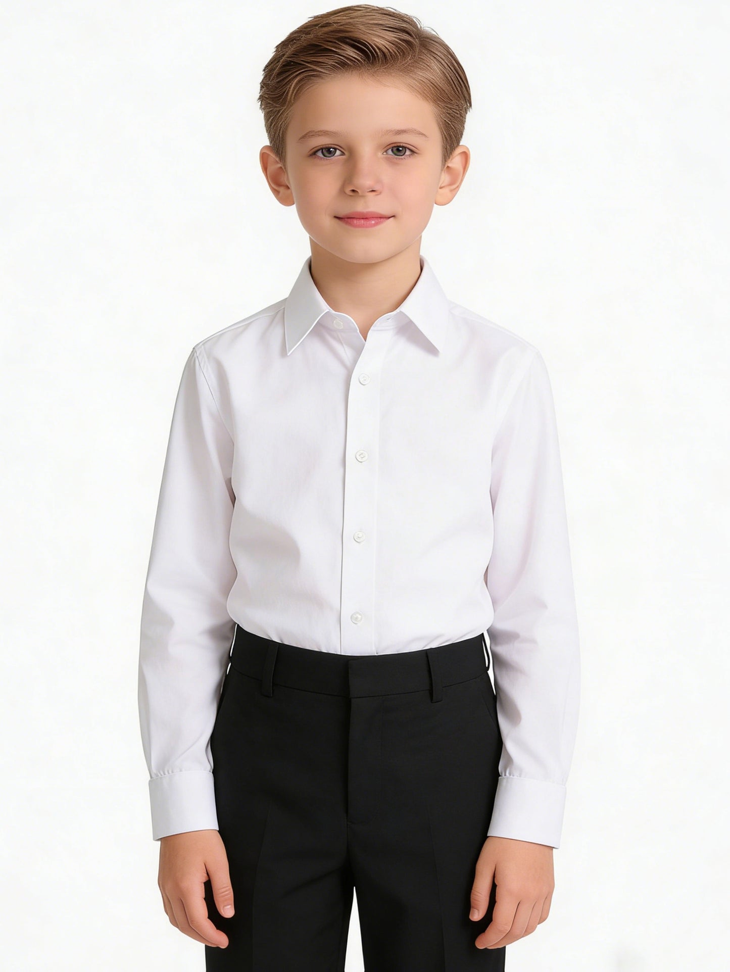 Boys' Long Sleeve White Formal Shirt, Casual Lapel Collar