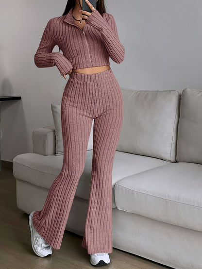Elegant Zipper Cardigan & Wide Leg Pants Two-Piece Set
