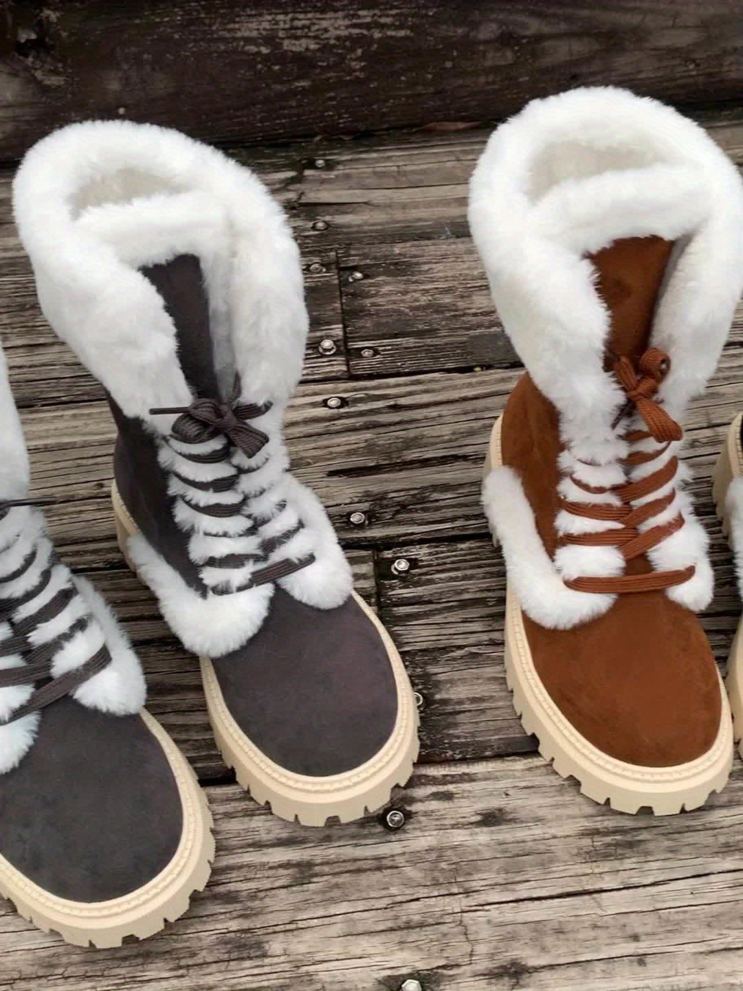 Կանացի հարմարավետ, բրդյա երեսպատված ձմեռային կոշիկներ - Կիսաճաճանճ, կապերով, հաստ արհեստական մորթով, կլոր քթով և հաստ կրունկով, շագանակագույն կամ սև, իդեալական ցուրտ եղանակի համար, ձմեռային կոշիկներ