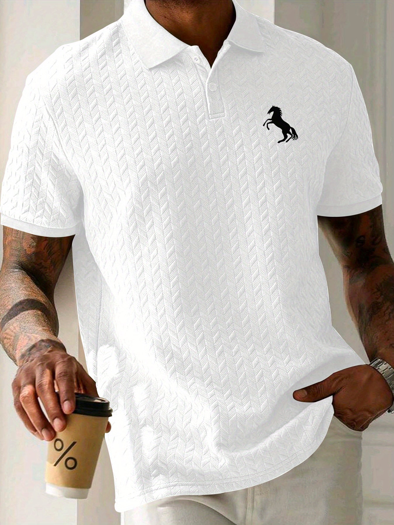 Men'S Casual Short Sleeve Knit Polo Shirt, Polyester Blend with Slight Stretch, Summer Fashion Pullover with Button Details and Print Horse Emblem