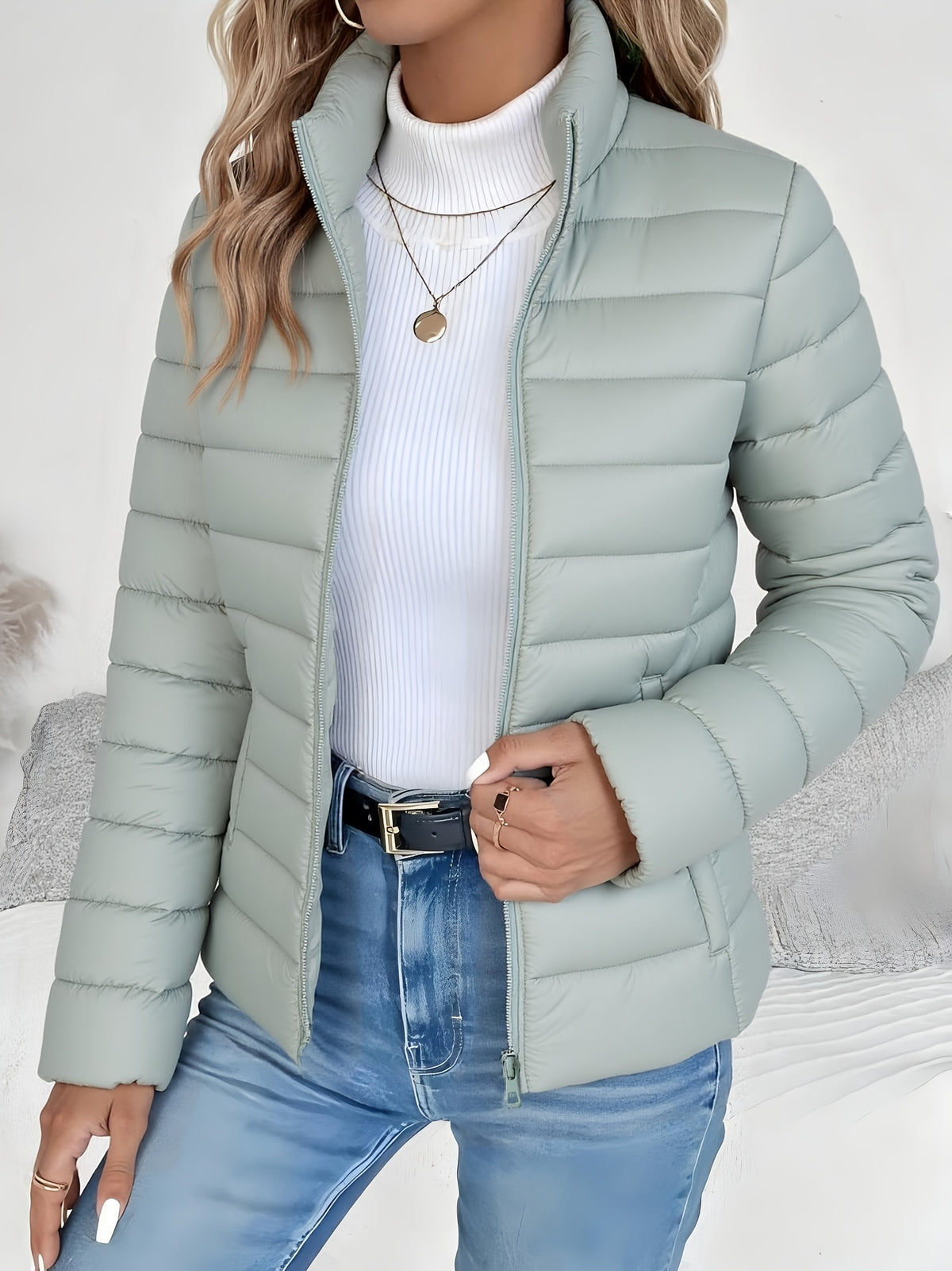 Women's Slim-Fit Quilted Polyester Jacket with High Neck