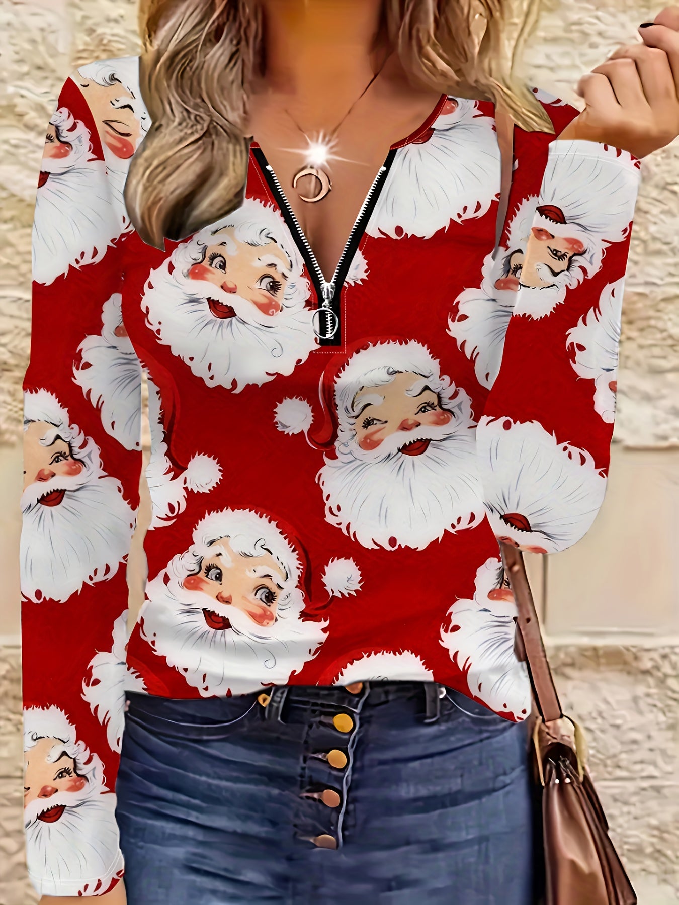 Plus Size, Plus Size Women's Christmas Santa Claus Print Sweater Dress-Like Jacket - Red & Full-Zip Long Sleeve Coat with White Collar, Machine Washable Polyester Holiday Party Outfit for Xmas, Office & Winter Events (Santa F - ayq