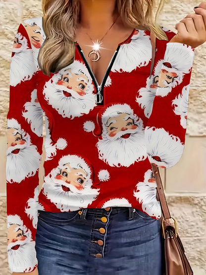 Plus Size, Plus Size Women's Christmas Santa Claus Print Sweater Dress-Like Jacket - Red & Full-Zip Long Sleeve Coat with White Collar, Machine Washable Polyester Holiday Party Outfit for Xmas, Office & Winter Events (Santa F - ayq