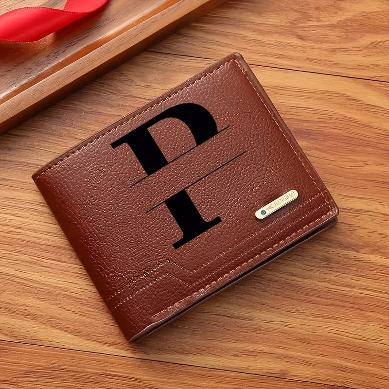 1pc Men's Business Style Faux Leather Wallet, Customizable Text and Initials, Solid Color Faux Leather with Contrast Accents, Compact Short Bifold Design for Easy Carrying - Perfect Birthday Gift for Boyfriend and Father, Per