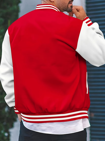 [Bold Design] Men's Stylish Black & White Varsity Jacket - Casual Baseball Coat with Pockets, Button-Up Front, Long Sleeve, Polyester Blend, Perfect for Fall & Winter, Casual Sportswear | Casual Fashion Jacket | Cotton Comfor