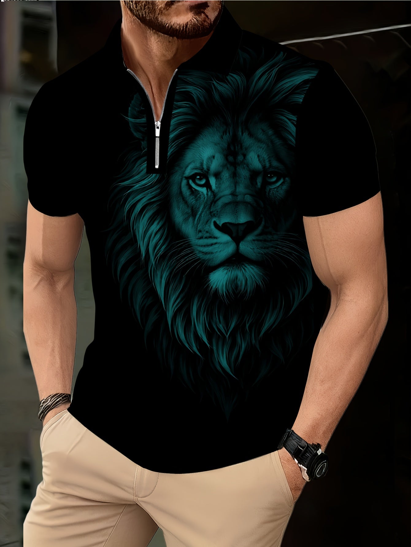 Men's Zip Shirt Short Sleeve Summer Trendy Lion Print Collar T-Shirt Business Casual Slim Fit Men's Top Women's Clothing - ayq