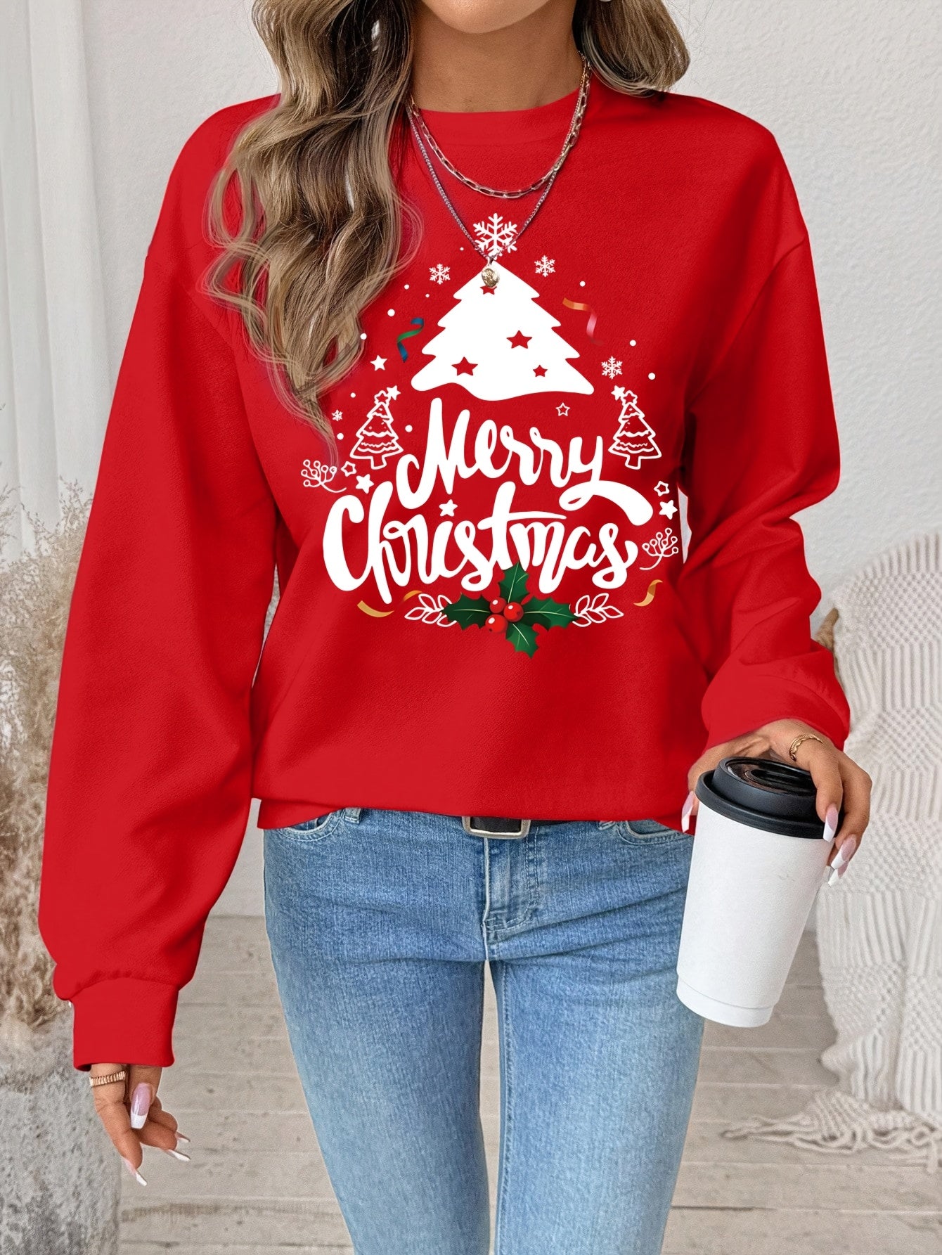 Women's Red Christmas Tree & Lettering Sweater - Cozy Winter Pullover with Round Neck Long Sleeve, Thickened Sweating-Reducing Blouse for Xmas Party Outfits, Family Gatherings (Machine Washable, Autumn/Winter Clothing)