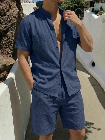 Men's Linen Short-Sleeve Shirt and Shorts Set for Summer Casual