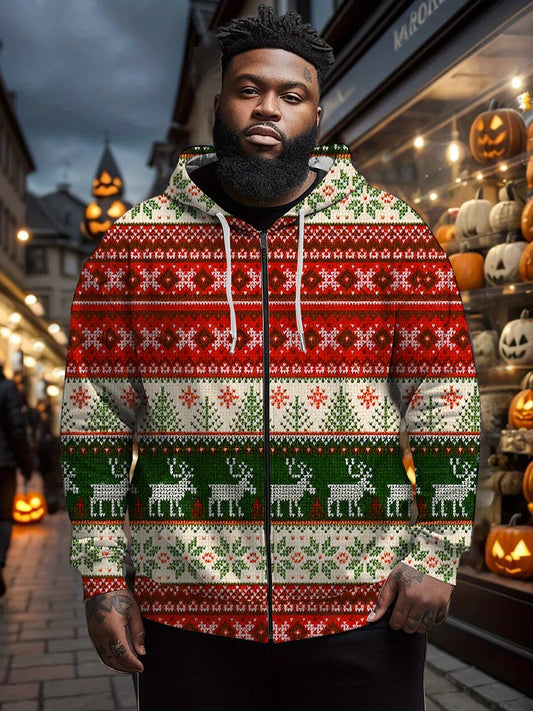 Christmas Limited Edition Full-Body Print Reindeer & Pine Hooded Zipper Jacket - Vintage Needle-Threading Knit Sweater Coat, Machine Washable for Spring/Autumn (Red/Green) - Casual Winter Outerwear for Holiday Parties & Every