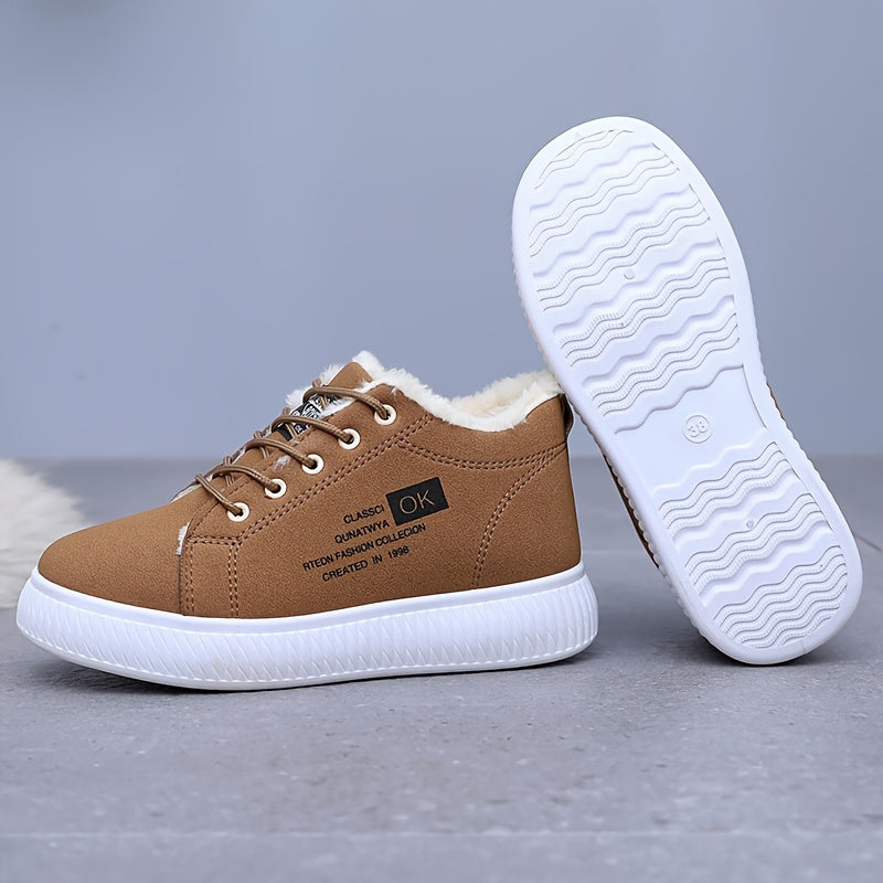 Կանացի ձմեռային ձնագնացքներ - Կաշվեանման օձիքով և փափուկ ներդիրով - Չսահող PVC ներբան, հաստ տաք շագանակագույն/բեժ արհեստական վերնամաս - ս/ Համատեղելի է սառույցի, ձյան, ցեխի համար - Ցուրտ եղանակի ճանապարհային կցում