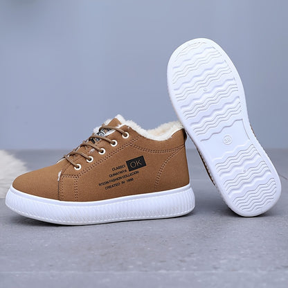 Կանացի ձմեռային ձնագնացքներ - Կաշվեանման օձիքով և փափուկ ներդիրով - Չսահող PVC ներբան, հաստ տաք շագանակագույն/բեժ արհեստական վերնամաս - ս/ Համատեղելի է սառույցի, ձյան, ցեխի համար - Ցուրտ եղանակի ճանապարհային կցում