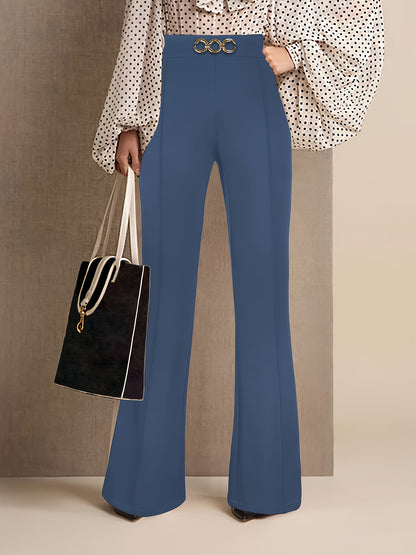 Elegant Navy Blue High-Waist Straight Leg Pants with Golden-Tone Metal Button Detail - Versatile & Chic Women's Workwear, 100% Polyester/Spandex Blend, Machine Washable