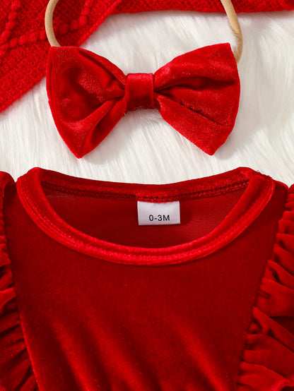 2 հատ ոսկեգույն թավշյա, ծածանվող թևքերով, ժանյակավոր գոտիով զարդարված երկար թևքերով բոդի՝ փափուկ կիսաշրջազգեստով + ժապավենաձև գլխաշորով, աշնանային և ձմեռային Սուրբ Ծննդյան գեղեցիկ երեկույթի հանդերձանք, բացօթյա օգտագործման համար