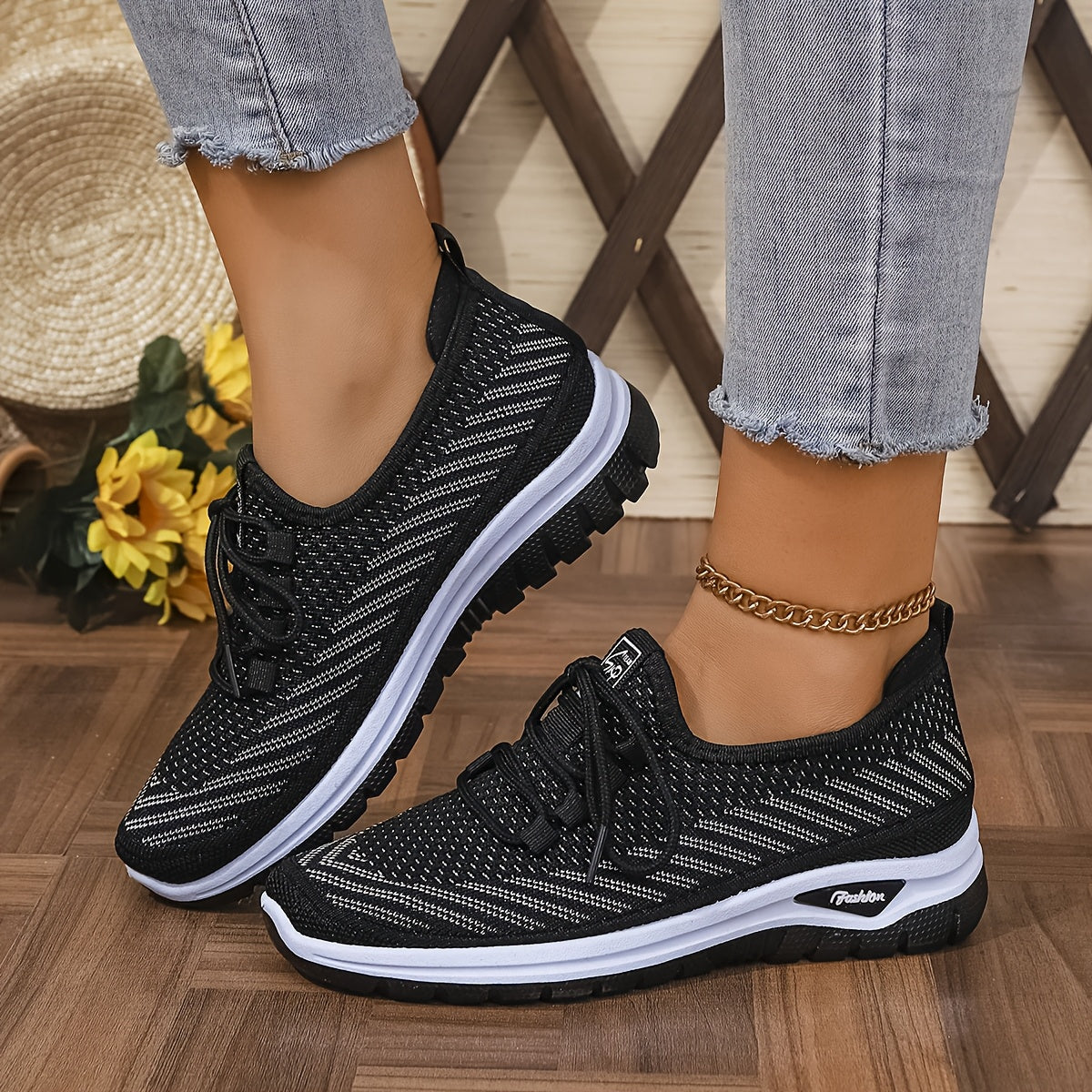 Women'S Knit Casual Sneakers - Stylish Striped Weave Pattern, Breathable Non-Slip Comfort Shoes with Rubber Sole for Outdoor Wear