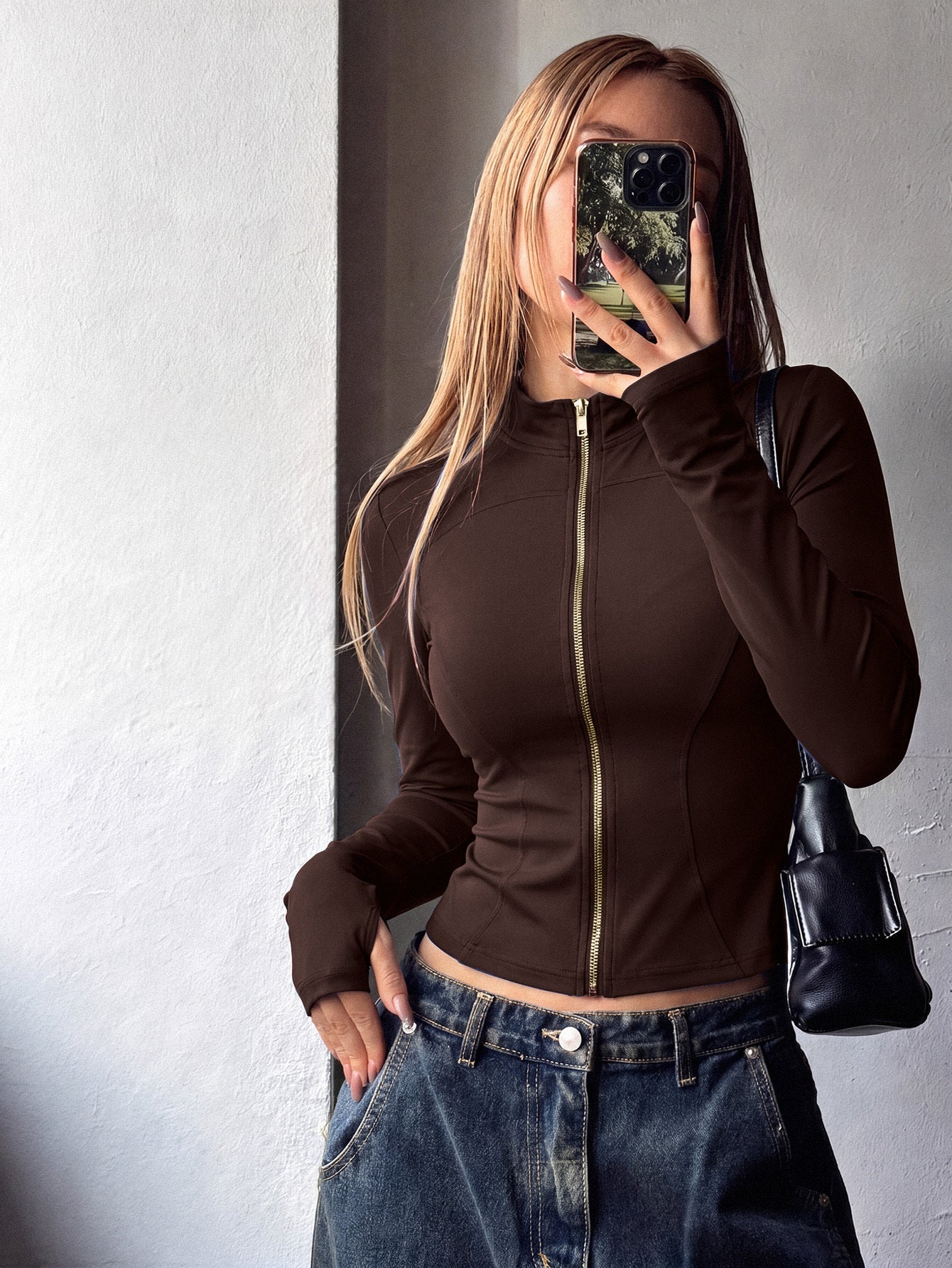 Women’s Athletic Long Sleeve Jacket with Thumb Loop, Stretchy Fit