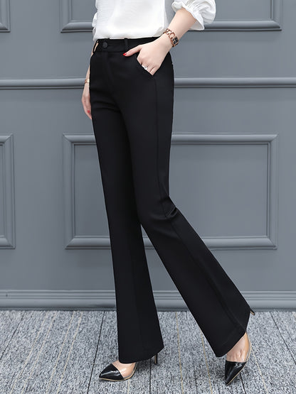 Women's Elegant Black Tailored Pants - High Waist, Straight Leg, Nylon Blend, Perfect for Spring & Fall, Zip Closure, Casual to Semi-Formal Wear, Casual to Formal Wear|Highwaist Trousers|Smooth Texture