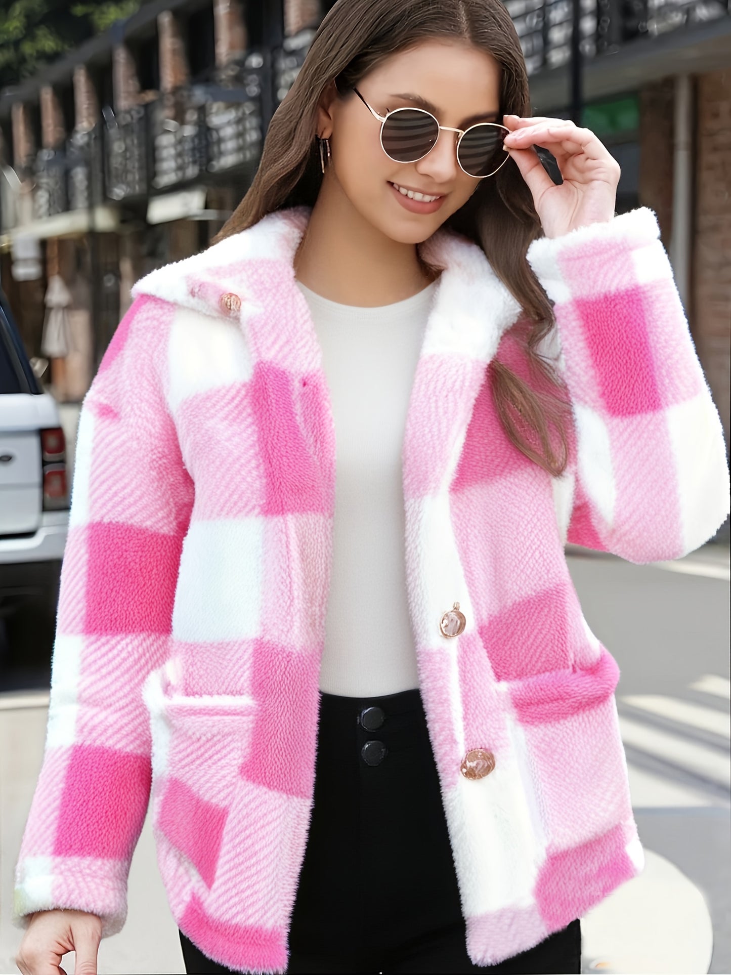 Women'S Plaid Jacket - Soft Brown/Black/Beige/White/Gray/ - Button-Front Closure, Structured Fit for Fall/Winter - Everyday & Formal Outfits - Cozy Outerwear for Women, Casual Wear, Classic Turndown Collar, Durable Fabric, Se