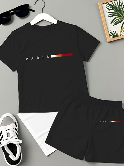 Boys' Summer Casual Striped T-Shirt & Shorts Set, Lightweight Polyeste