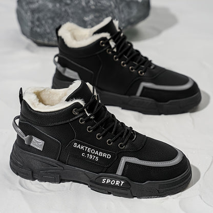 Mid-Top Fleece-Lined Comfortable Warm Gripper Sole Casual Winter Boots for Men and Women, Striped Design. Suitable for Extreme Cold Weather Snowy Conditions with Thick Insulation Lace Closure Anti Slip Durable PVC Outsole Hun