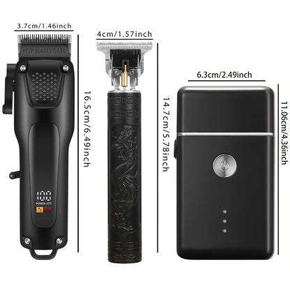 3pcs Men'S Professional Hair & Beard Grooming Kit - Cordless Clippers with LED Display, Precision Trimmer Set, USB Rechargeable, for Home Use, Perfect Holiday Gift - ayq
