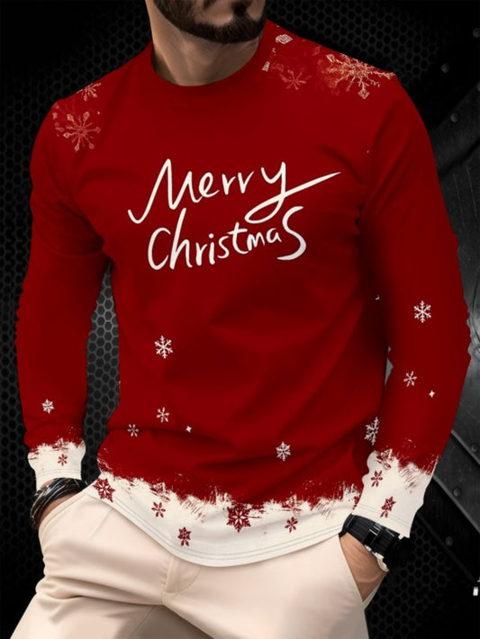 Men'S Christmas 3D Print Long Sleeve T-Shirt - Red & Snowflake & Merry Christmas Lettering, Round Neck Winter Warmth, Casual Holiday Party Outfit, Christmas T Shirt, Seasonal Clothing, Festive Design, Comfortable Fit, Holiday