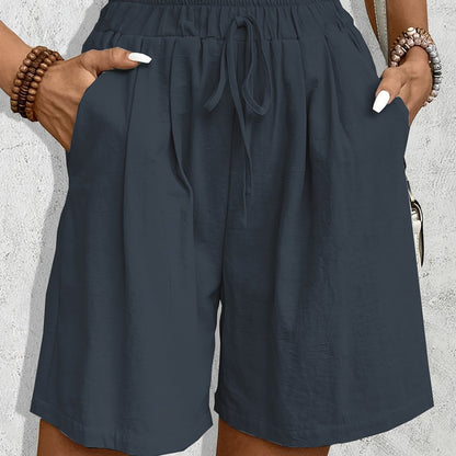Women'S Casual Blend Shorts, Solid Color, Regular Fit, Non-Stretch Woven Fabric, with Faux Drawstring Detail, for Spring/Summer/Fall - Daily & Vacation Style