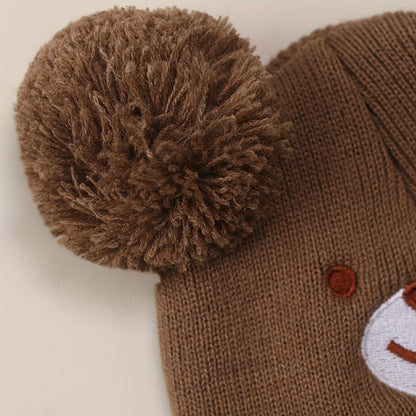 Toddler Bear Knit Balaclava Hat with Pom-Poms for Winter