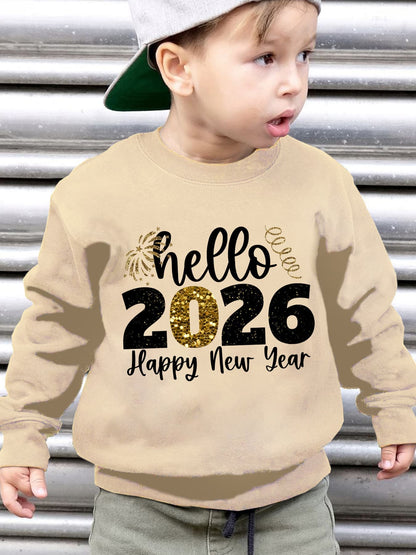 Տղաների 2026 թվականի Նոր տարվա երեկույթի սվիտեր - Բարև 2026 Շնորհավոր Նոր Տարի հրավառության տպագրությամբ, ազատ չափի երկար թևքով սվիտեր ոսկեգույն փայլուն գրությամբ, ձմեռային տաքություն տղաների համար, Նոր տարվա սվիտեր, տոնական հագուստ, խաղալիք