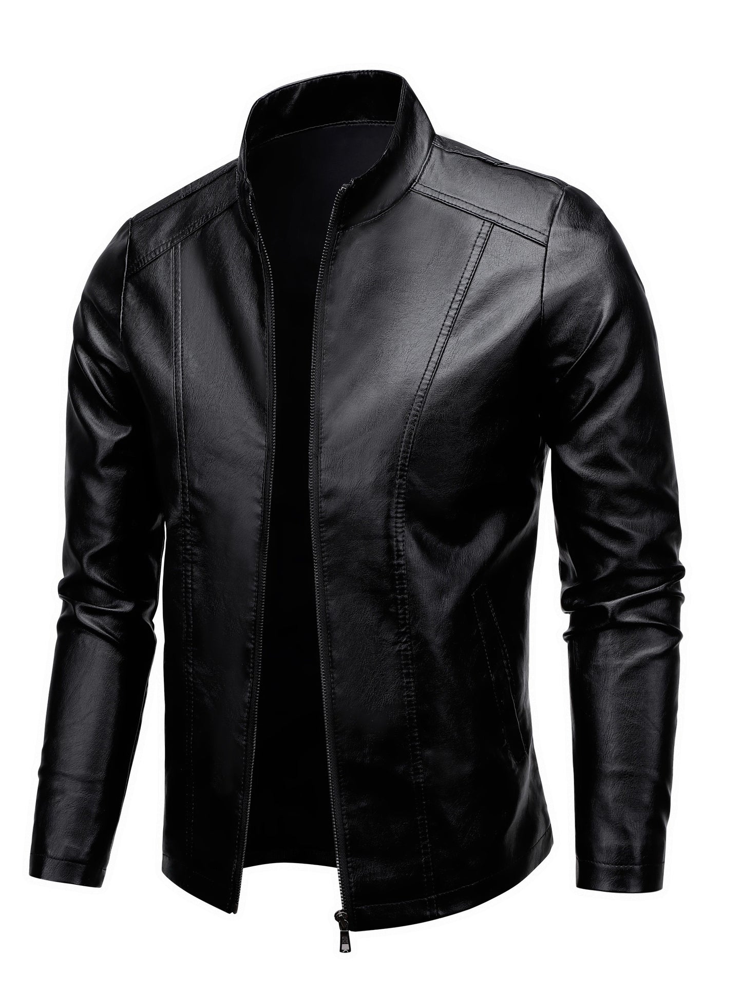 Men'S Casual Jacket - Stand Collar Zip-Up Long Sleeve - 100% Polyurethane, Solid Color, Non-Stretch Woven Fabric, Regular Fit with Functional Pockets for Daily Wear